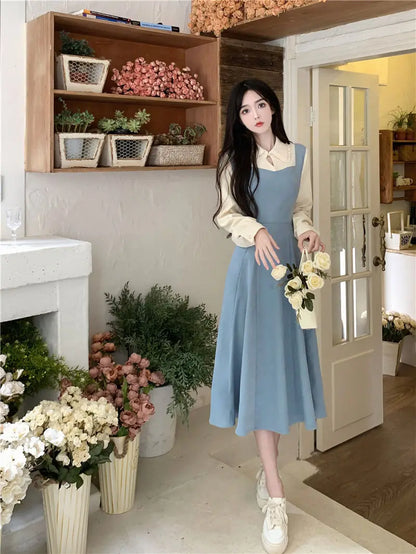 Solide Patchwork Vierkant hals Langarm gefälschte zweiteilige Kleider elegante Mode Harajuku weibliche Kleidung lässig alle Match Rock
