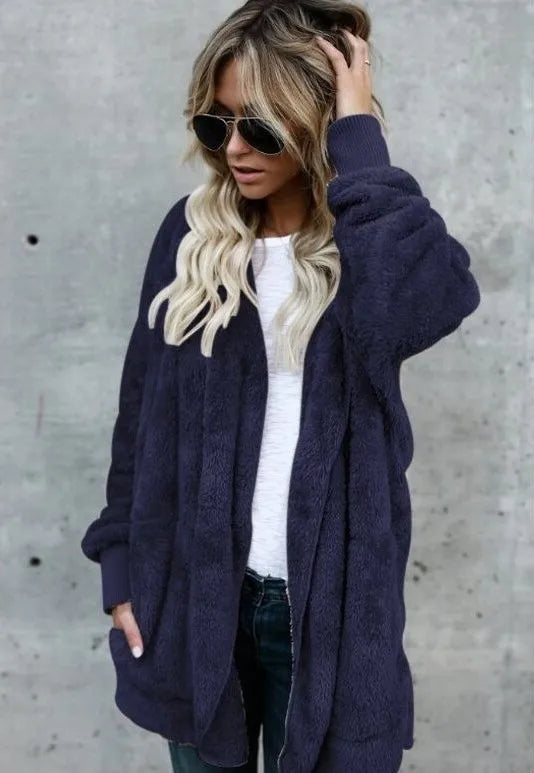 Herbst Winter Doppel Fleece Strickjacke Jacke Frauen Einfarbig Langarm Plüsch Warme Mit Kapuze Dame Jacke Übergroßen Oberbekleidung Mantel
