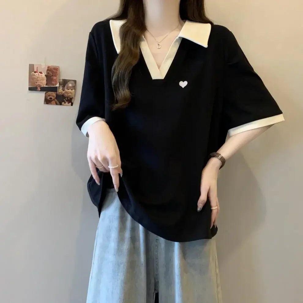 Plus Size Slimming Embroidered Polo Shirt plus Size American Style Base Layer T-Shirt College Fashion Anti-Aging Big MM Cotto....