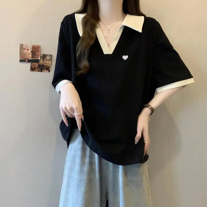 Plus Size Slimming Embroidered Polo Shirt plus Size American Style Base Layer T-Shirt College Fashion Anti-Aging Big MM Cotto....