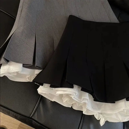 Mooyufon Ruffles Black Mini Skirt Women Korean Patchwork Pleated Skirts Japanese Kawaii High Waist All Match A Line Skirt New.