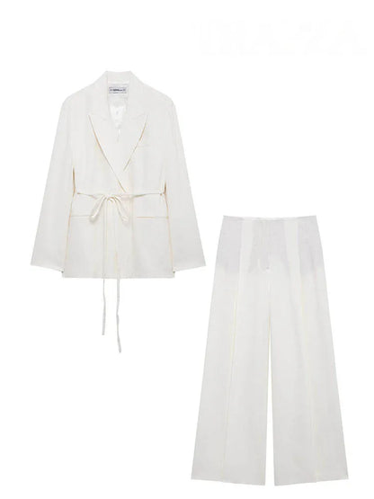 HH Women's Suits White Turn-Down Collar Long Sleeves Lace-Up Blazers+High Waist Zipper Long Pants Female Spring Fashion Sets.