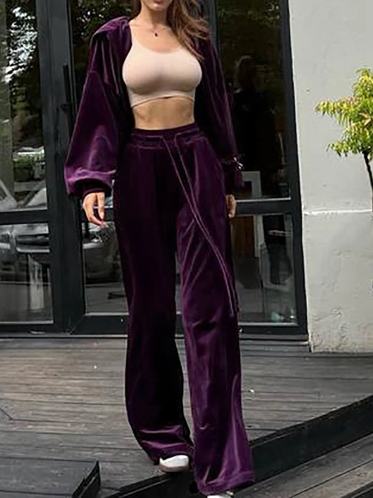 Women Autumn Hooded Coat Two Pieces Sets, Solid Patchwork Wide Leg Pants Chic Outfit, New Long Sleeve Casual Simple Ladies Suits