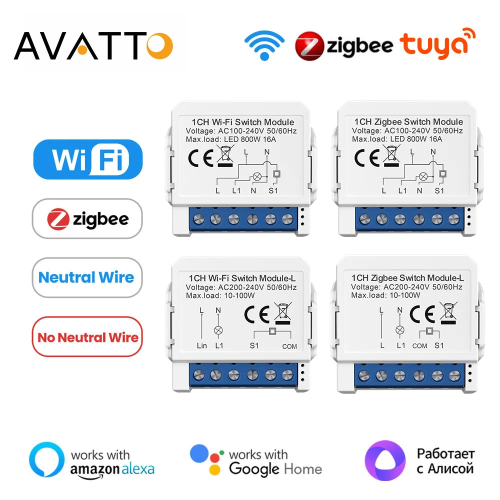 AVATTO Tuya WiFi Zigbee Smart Lichtschaltermodul, Neutralleiter/Keine Neutralleitersteuerung DIY Breaker Arbeit für Alexa, Google Home.