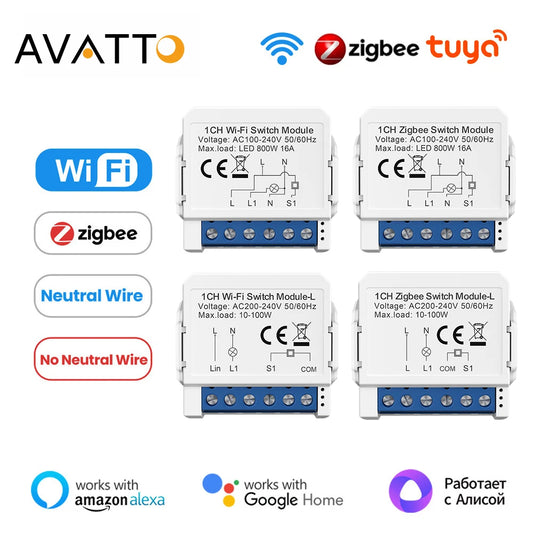 AVATTO Tuya WiFi Zigbee Smart Lichtschaltermodul, Neutralleiter/Keine Neutralleitersteuerung DIY Breaker Arbeit für Alexa, Google Home.