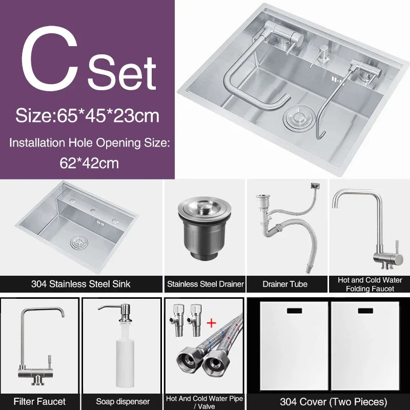 Nanometer Double Cover Hidden Kitchen Sink 304 Stainless Steel 3 Holes Handmade Single Large Size Kitchen Hidden Sinks