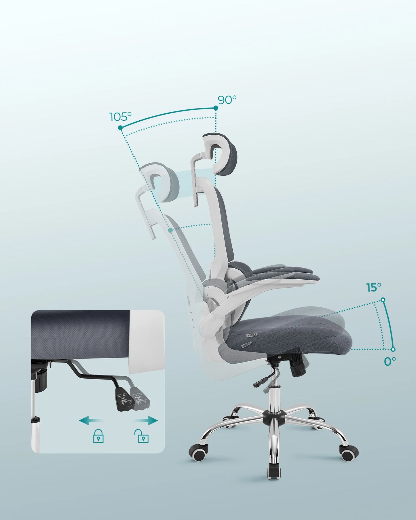 SONGMICS Bürostuhl, ergonomisch, klappbare Armlehnen, Wippfunktion