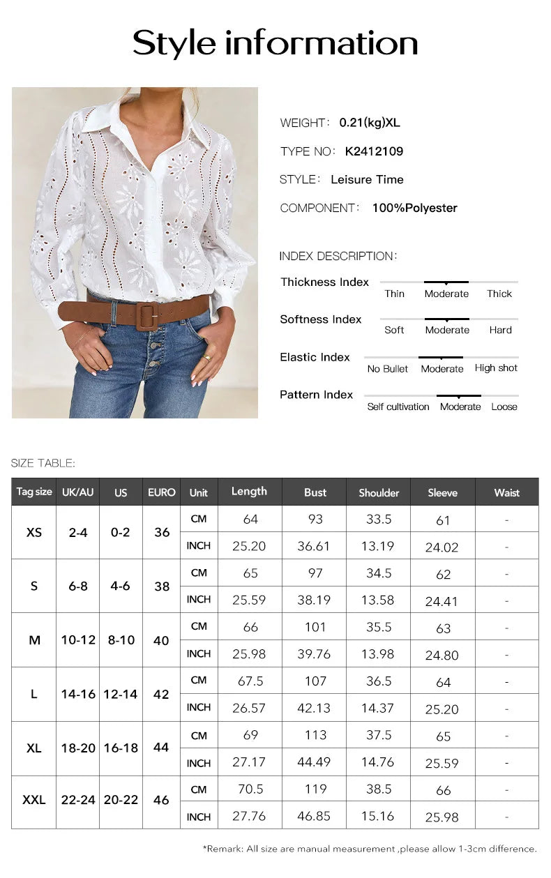 2025 Autumn New Solid Shirt Casual Loose Fashion Hollow Puff Sleeve Cardigan Tops For Women Office Black Hollow out Blouses.