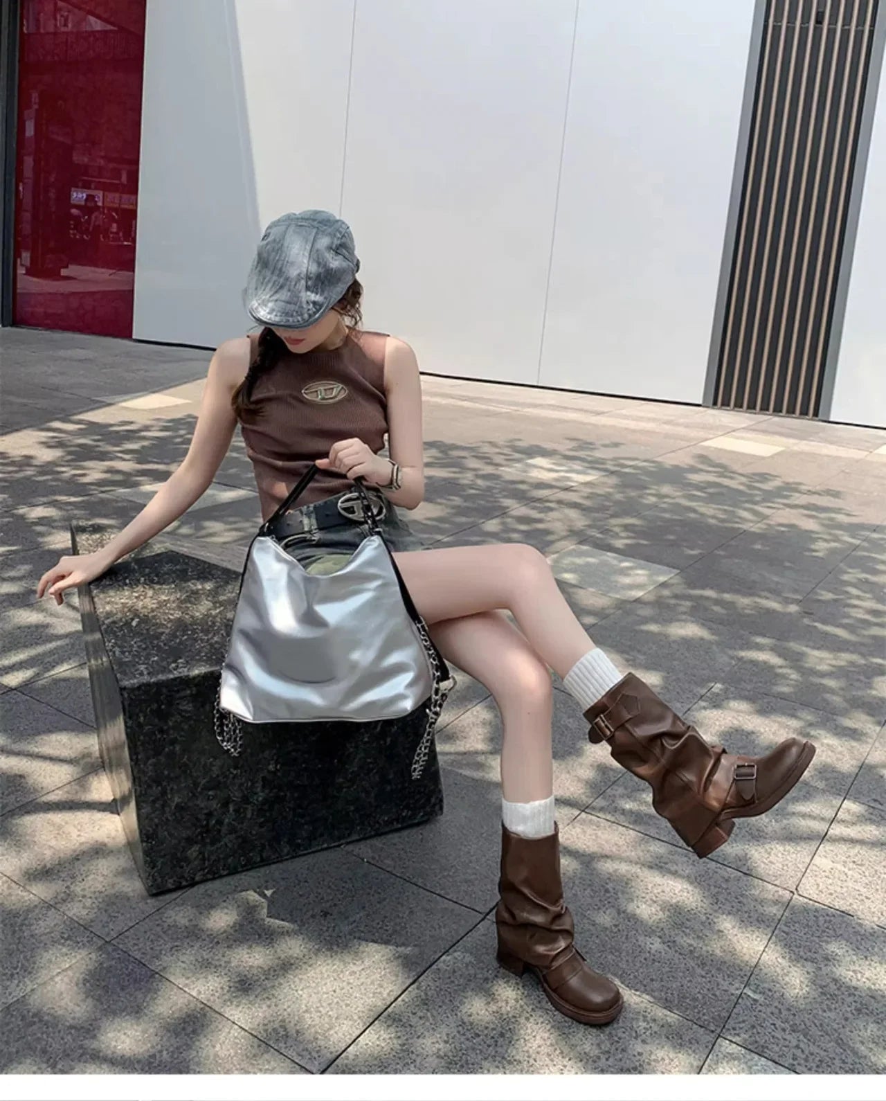 Pleated Buckle Knight Boots for Women Autumn Brown PU Leather Mid Calf Boots Woman Slip-On Thick Heel Riding Botas Mujer 2024.