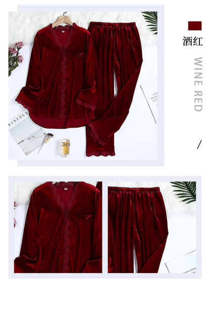 Fdfklak 2Pcs Gold Velvet Pajamas Set For Women Warm Pyjama Sexy V-Neck Lace Homewear Autumn Winter New Pijamas Long Pant.