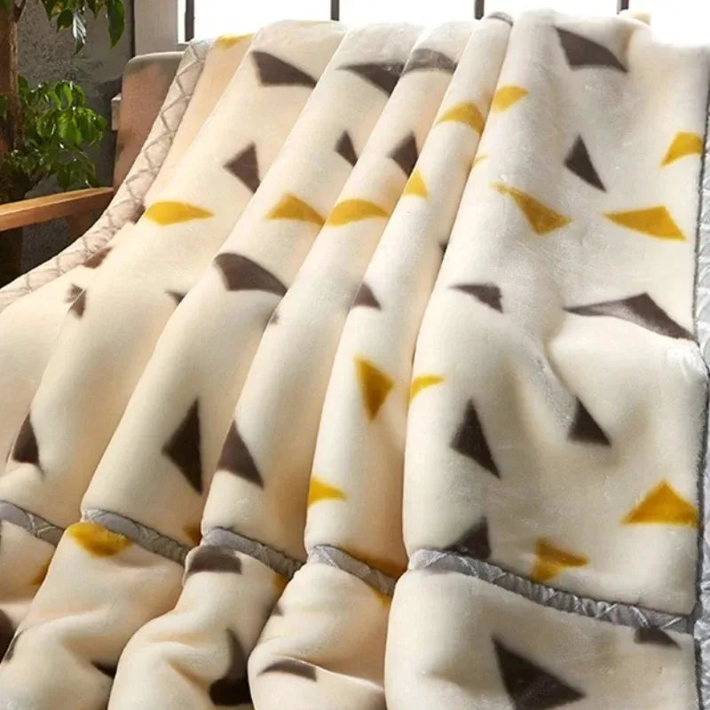 Modern Geometric Cartoon Printed Bedroom Blanket Coral Fleece Dormitory Quilt Thicking Double Layer Multi Purpose Bedding Sheets.