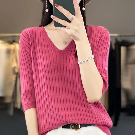 Frauen Pullover Frühling Sommer Kurzarm V-ausschnitt Strick Hemd Casual Koreanische Pullover Streifen Bodenbildung Shirt Slim Fit Jumper