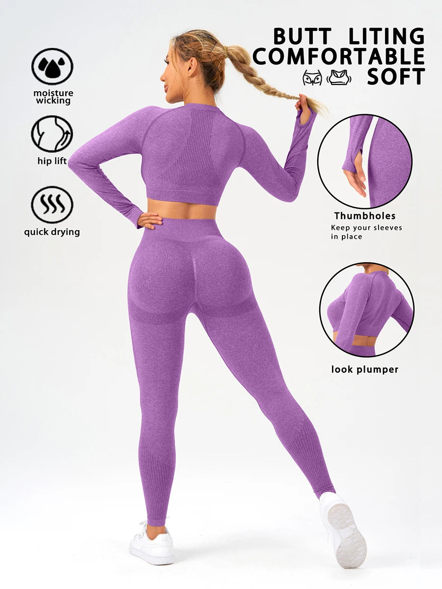 2 pcs/set Long Sleeve Yoga Leggings Set Sportswear Woman Gym Seamless Workout Outfit Yoga Clothes Womens Tracksuit Activewear.