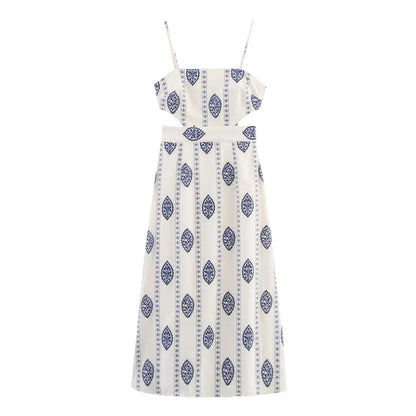 ZBZA Frauen Sexy Gedruckt Rohr Schlinge Lange Kleider Retro Taille Hohl Ärmelloses Abend Dünnes Kleid Weibliche Sommer Chic Street Party