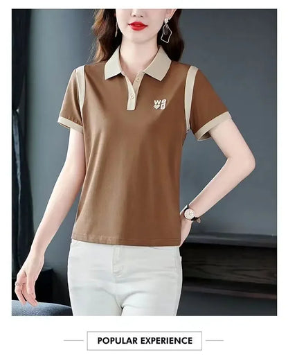 Fashionable Short Sleeve Polo Shirt Women's Summer Sporty Hong Kong Style Top High End Mixed Fabric Slim Fit T-Shirt