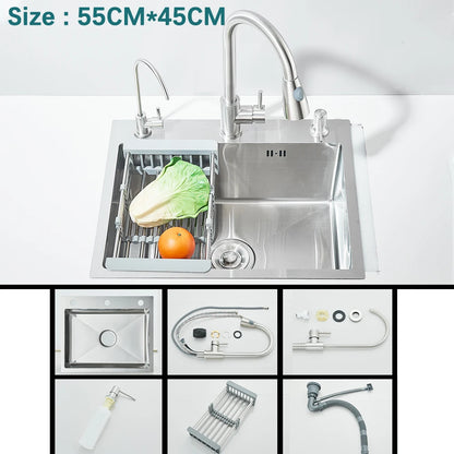 304 Stainless Steel Waterfall Kitchen Sink Large Single Slot with Chopping Board Cup Washer