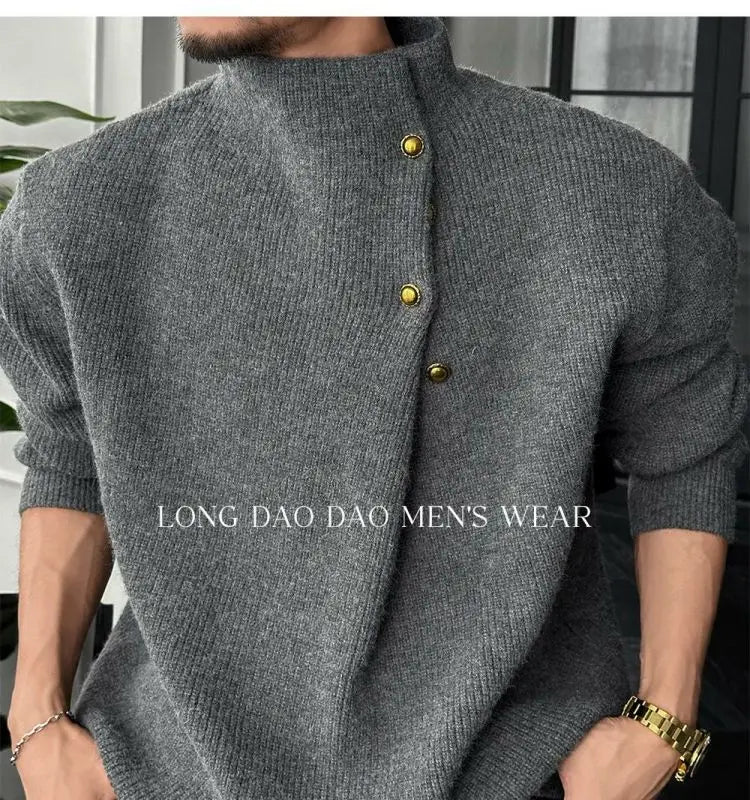Vintage Trend Casual Autumn Winter New Men Turtleneck Solid Button Fashion Luxury Business Long Sleeve Pullovers Knitted Tops.
