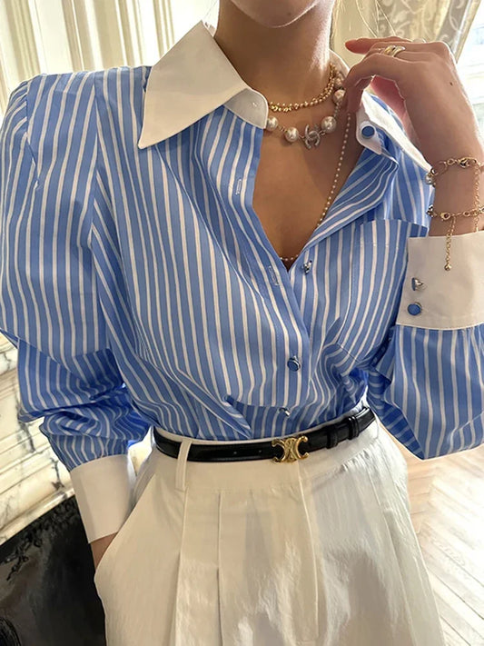 Jmprs Elegant Women Shirts Korean Striped Red Fashion Turn Down Collar Office Ladies Tops Long Sleeve Causal Female Blouse.