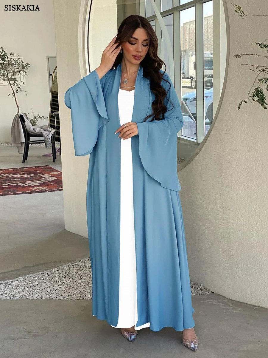 Siskakia Muslim Open Kimono Abaya For Moroccan Women Fashion Ruffle Sleeve Arab Dubai Clothing Jalabiyat Turkey Soft Gulf Robe.