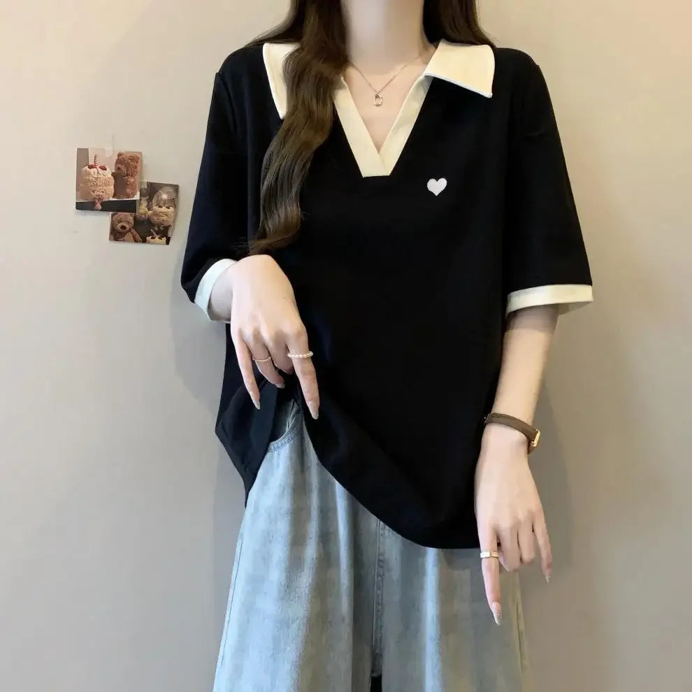 Plus Size Slimming Embroidered Polo Shirt plus Size American Style Base Layer T-Shirt College Fashion Anti-Aging Big MM Cotto....