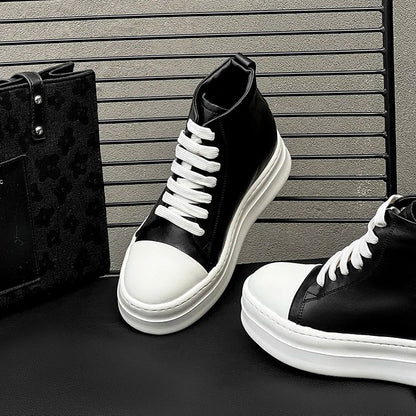 Street Style Ankle Boots for Men Genuine Leather High Top Shoes Fashion Brand Motorcycle Boots Thick Bottom  Male Walking Shoes.