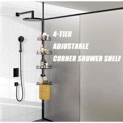 4-stufiges verstellbares Eck-Duschregal (82–296 cm) – kein Bohren, Spannstange, dreieckiger Organizer für Badezimmer, Küche, Aufbewahrung mit Haken