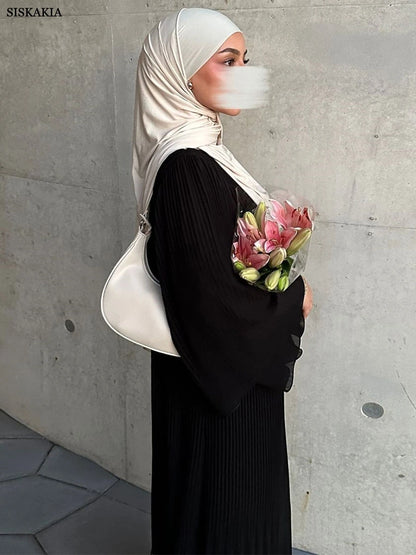 Siskakia Ramadan-Muslim Solid Wrinkle Dresses For Women's Dubai  Moroccan Petal Sleeve Abayas O-Neck Elegant Kebaya 2024.