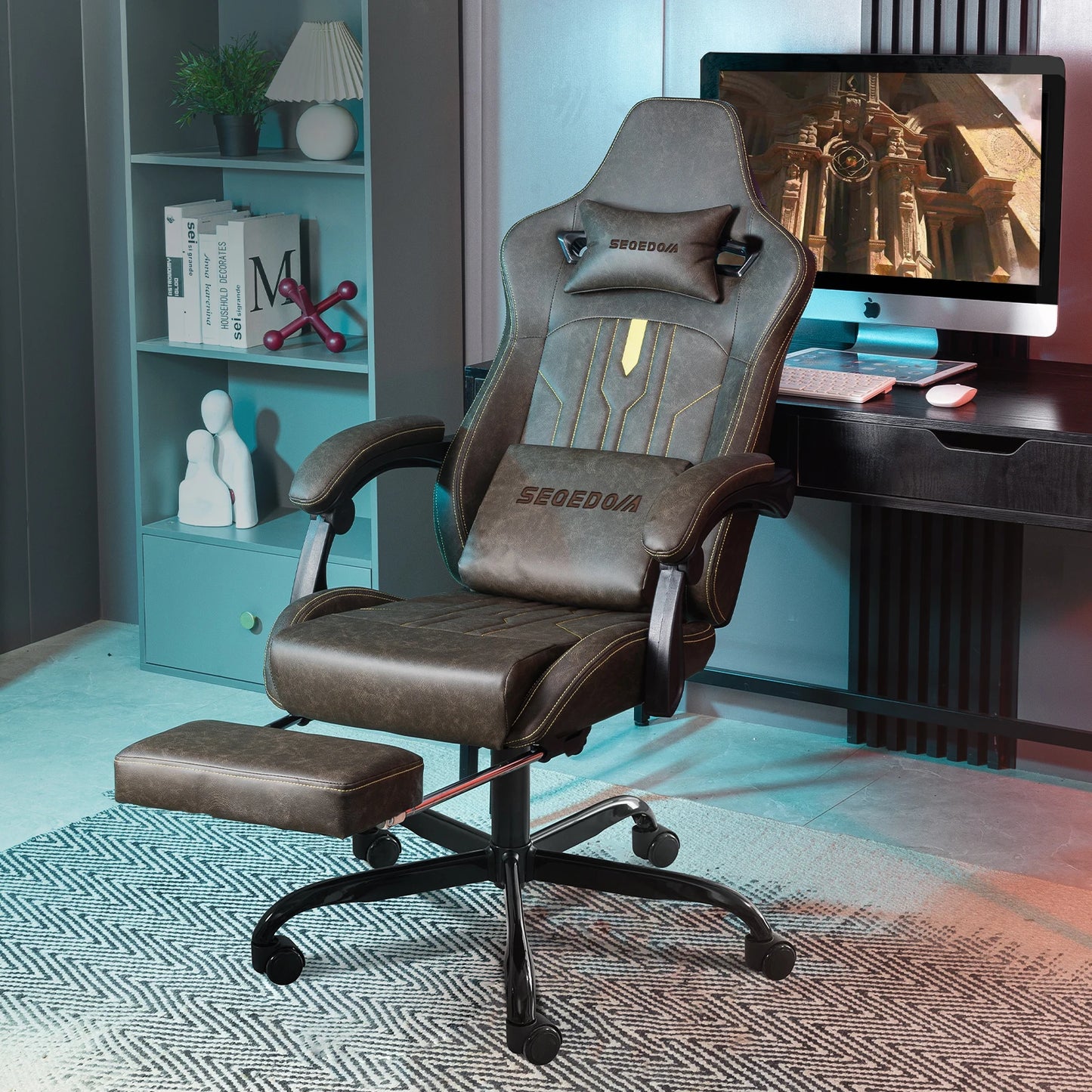 SUKIDAGaming-Stuhl, Computerstuhl, ergonomischer Gaming-Stuhl mit Fußstütze, Bürostuhl, ergonomischer Computerstuhl mit Lordosenstütze