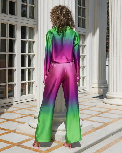 Female Casual Outfit New Summer Print Suits Woman Vintage Printed Long-sleeved Shirt and Loose Wide Leg Pants Set Two Piece Set.