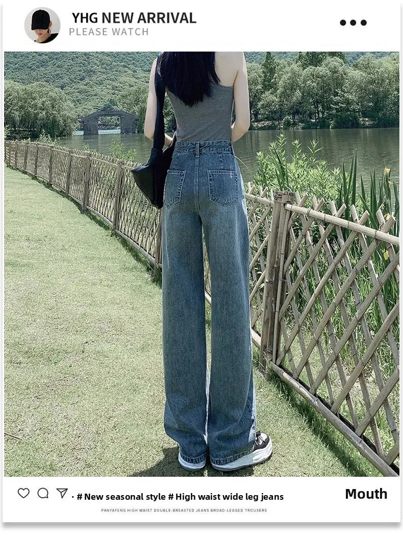 High Waist Straight Leg Jeans Women's Summer New 2025 Small Size Wide Leg Loose Drapey Slimming Floor-Length Pants.