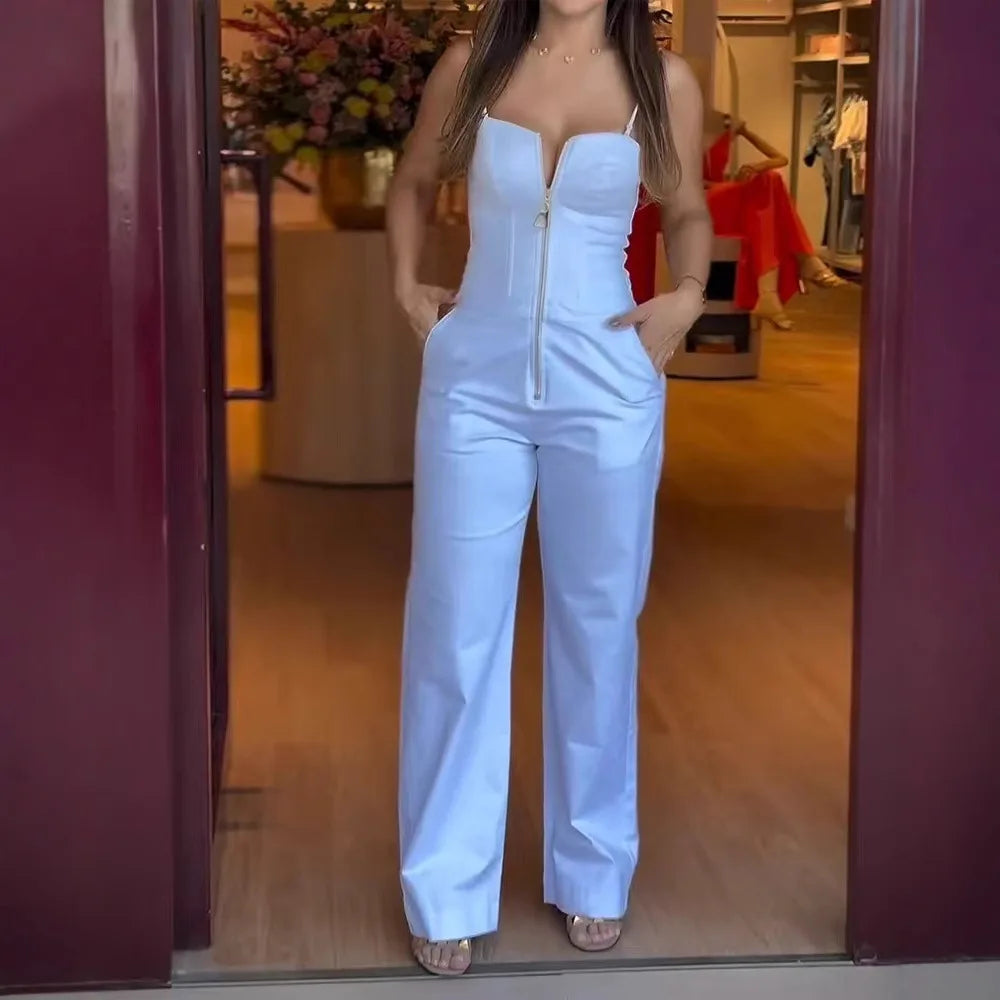 Fashion High Street Sleeveless Jumpsuit For Women 2025 Sexy Spaghetti Strap Bodycon Jumpsuits Office Elegant White Slim Romper.