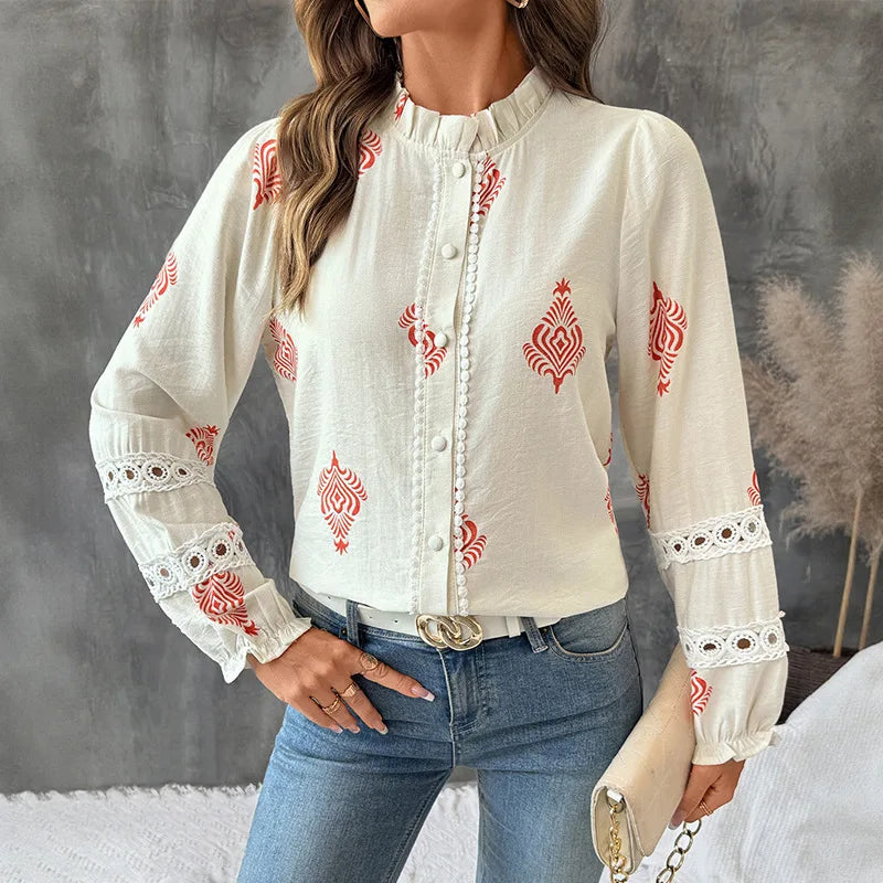 Women's Printed Casual Trendy Stand Collar Single-breasted Loose Shirts European New Fashion Female Ethnic Clothes Tops Cardigan.