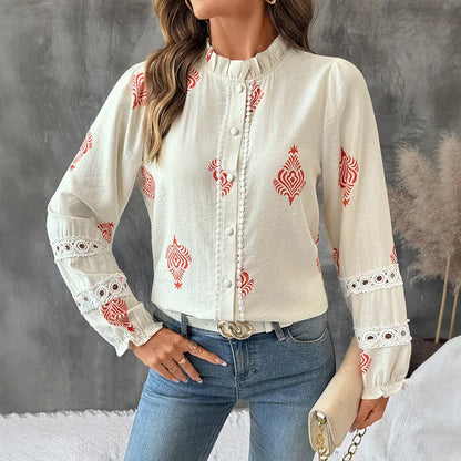 Women's Printed Casual Trendy Stand Collar Single-breasted Loose Shirts European New Fashion Female Ethnic Clothes Tops Cardigan.