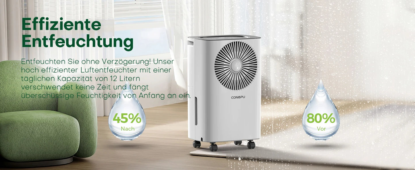 Dehumidifier Bedroom 12L/Day Continuous Drainage, 24H Timer, Automatic Defrost Humidity Control 2 Speed, Suitable for Room Home.