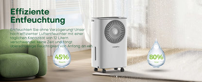 Dehumidifier Bedroom 12L/Day Continuous Drainage, 24H Timer, Automatic Defrost Humidity Control 2 Speed, Suitable for Room Home.