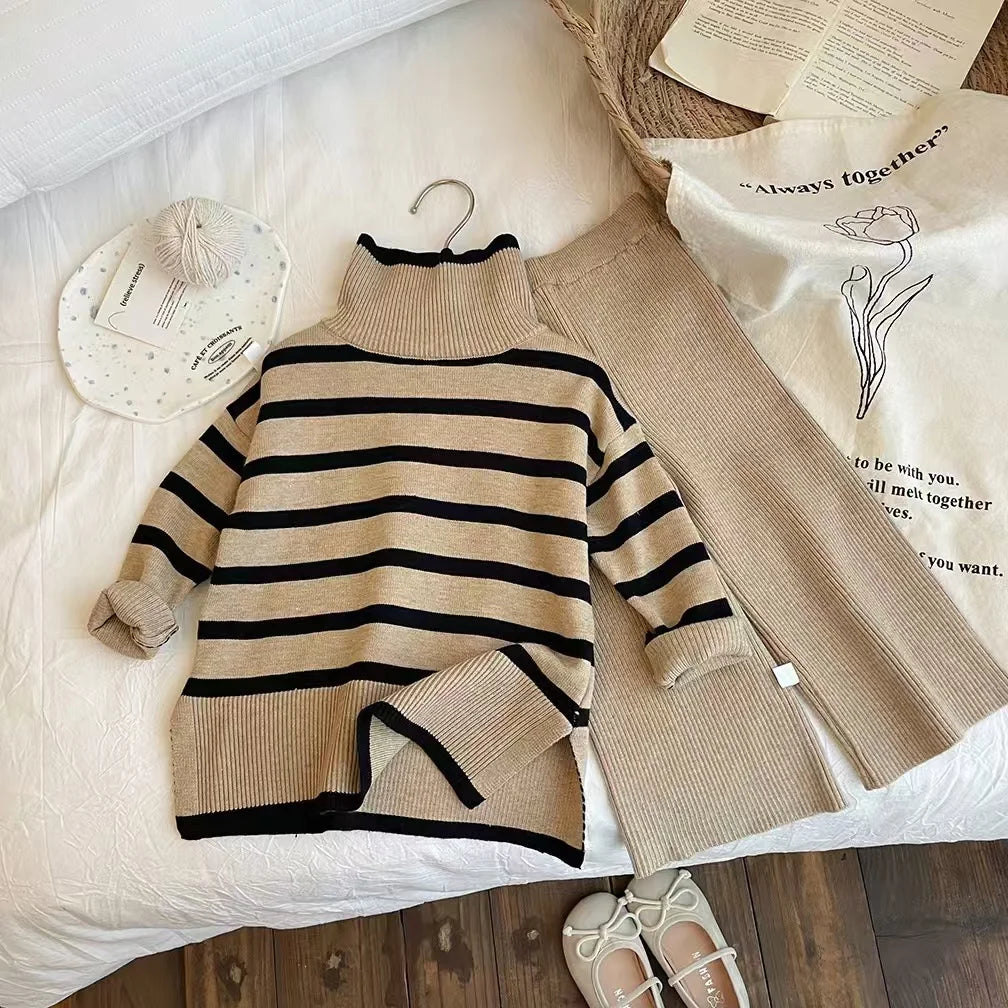 Girls' Autumn/Winter High Collar Sweater Set 2025 New Style Female Baby's Stylish Knitted Sweater Wide Leg Pants Two Piece Set.