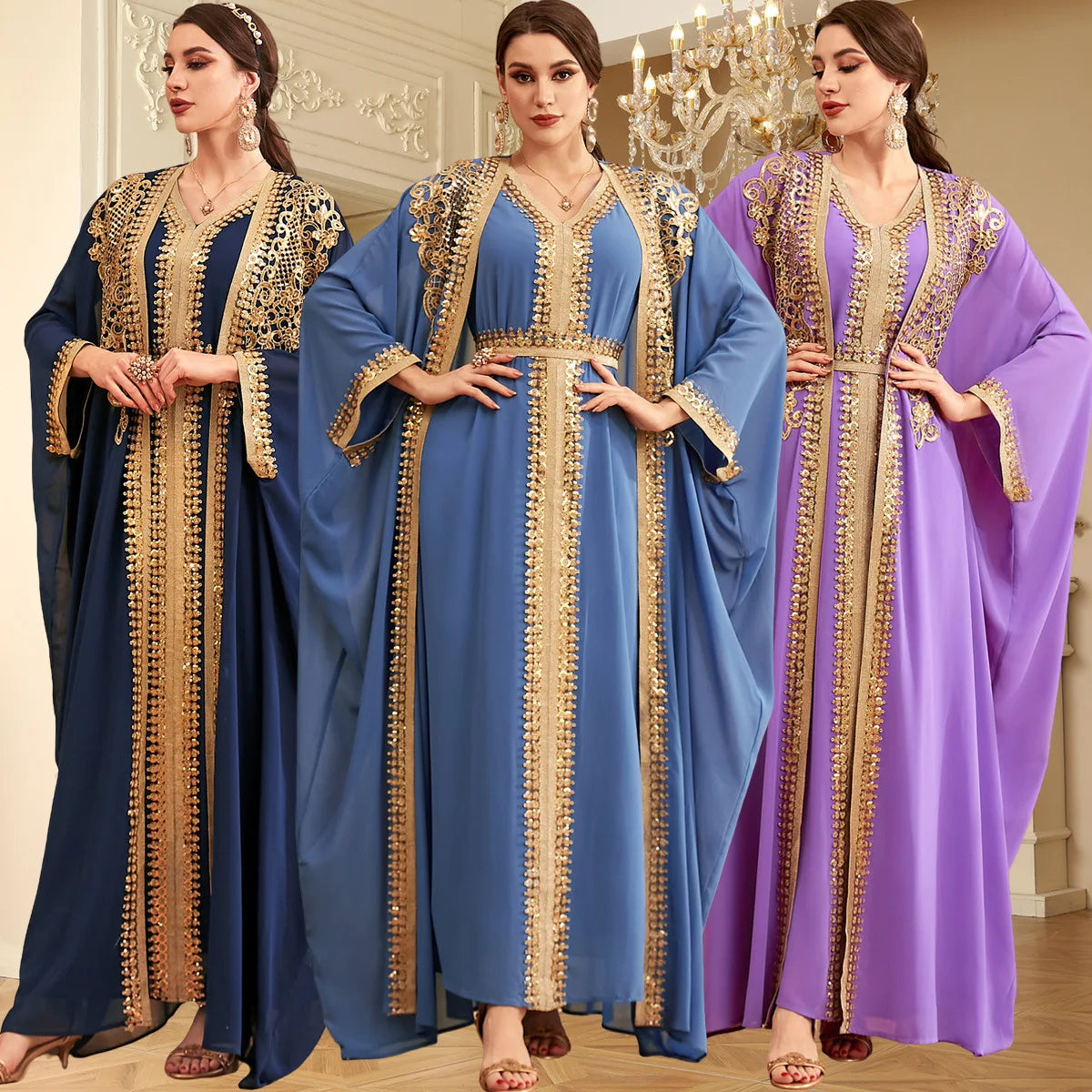 Ramadan Sequins Dubai Abayas Arab Tunics Batwing Sleeve Dresses For Women Gala Two pieces Moroccan Elegant Kebaya.