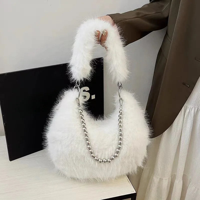 Luxurious Faux Fur Tote Bag Chic Underarm Shoulder Bag Stylish Handbag & Purse with Pearl Chain Strap, Polyester Lined Interior.