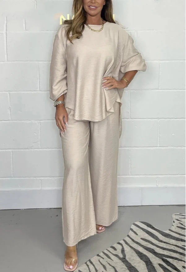 Women's Suit Casual Loose Solid Color Satin 2-piece Set Spring Fall New Blouse Top + Pants Sets Daily Wear Elegant Outfit Female.