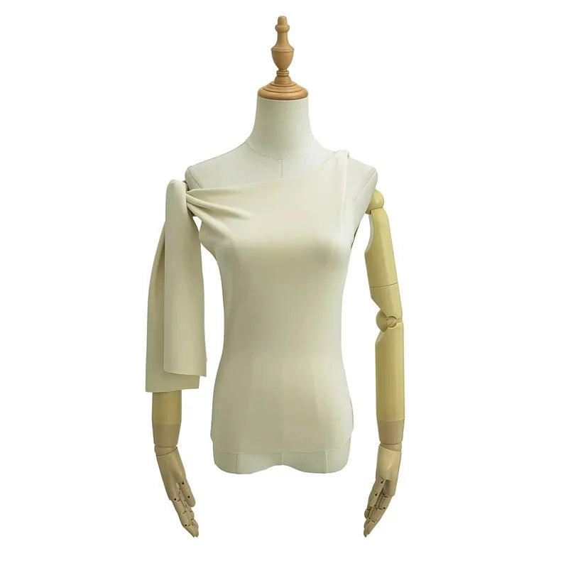 Women Sleek Stretch Knotted Top Fuchsia SLEEVELESS WITH BOAT NECK  ONE-SHOULDER TIE.