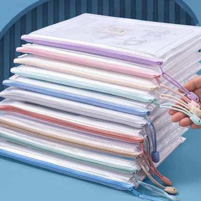 Zipper Mesh Bags A4/A5 Plastic Zipper Bags For Organizing Waterproof Clear Travel Bags Office Supplies Document，color random.