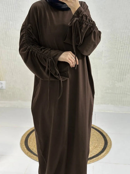 Muslim Women Arabic Dubai Abaya Drawstring sleeves Long Dress Modest Ramadan Kaftan Robe Femme musulmane Islam Clothing Kebaya