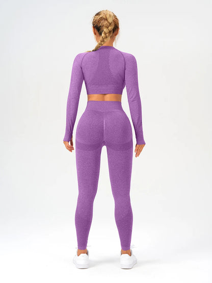 2 pcs/set Long Sleeve Yoga Leggings Set Sportswear Woman Gym Seamless Workout Outfit Yoga Clothes Womens Tracksuit Activewear.