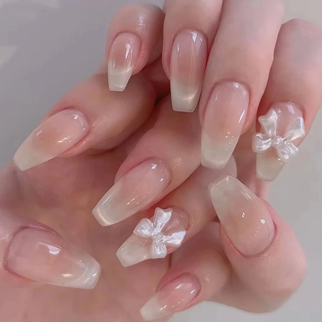White Glitter Powder Bowknot Long Pointed Fake Nails Art Ballet False Nail Cow Print Pearl Rhinestone Pink Almond Press on Nails.