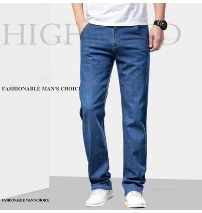 Sommer Dünne männer Gerade Jeans Klassische Schwarz Blau Stretch Casual Business Baggy Denim Hosen Männliche Marke Hosen.