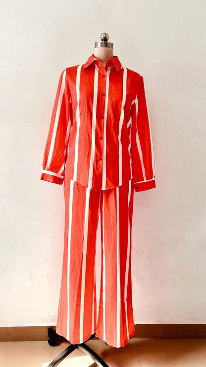 Fashion Striped Print Suit For Women Elegant Lapel Long Sleeved Shirt Elastic Waist Wide Leg Pants Two Piece Set 2024 Autumn New.