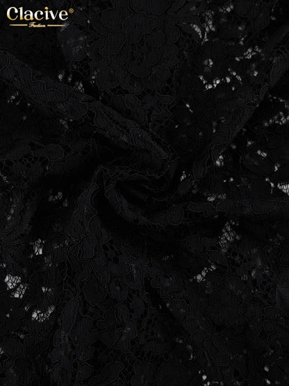 Clacive Sexy Loose Black Lace See Through Trousers Sets Women 2 Pieces Fashion Long Sleeve Shirt With High Waist Wide Pants Set