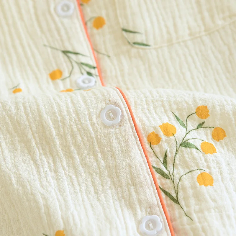 Neuer Sommer-Damen-Pyjama aus Baumwollkrepp, dreiteilig, kurzärmelig + Shorts + Hose, große Größe, einfacher Blumen-Pyjama, Heimservice-Anzug.