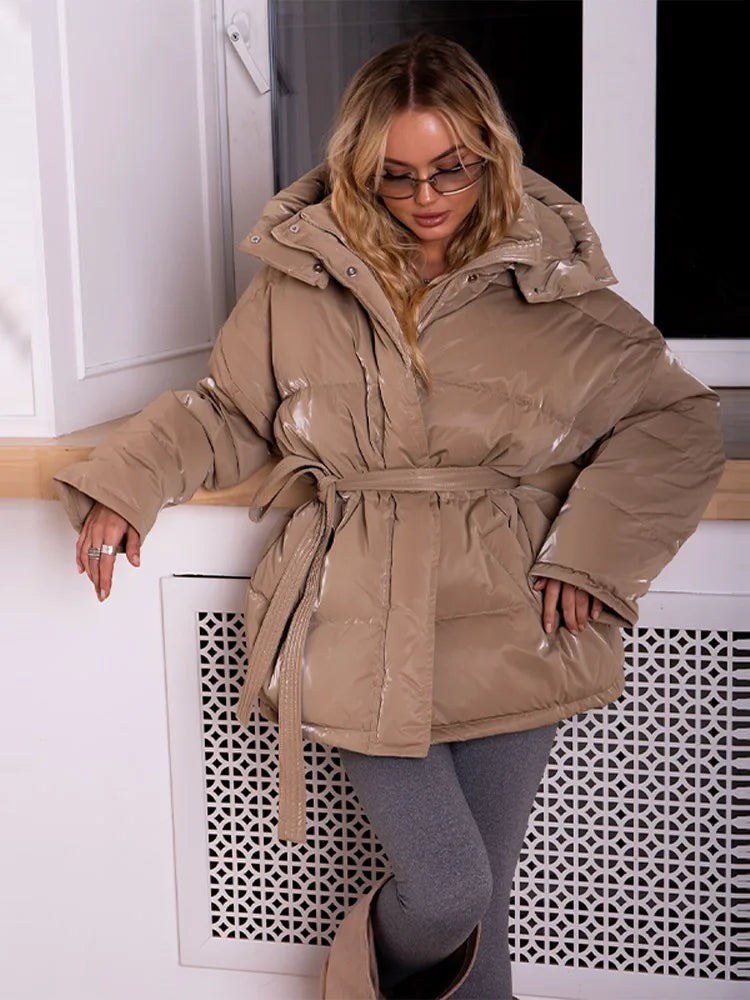 Frauen Glänzend Herbst Winter Mit Kapuze Baumwolle Gefütterte Jacke Lose Lange Hülse Spitze Up Warme Mantel 2025, Neue Dame Mode Party outwear