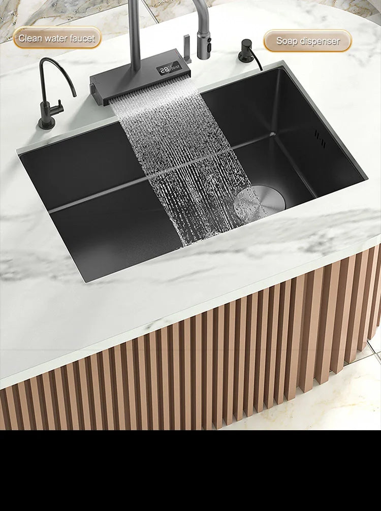 Black Stainless Steel Kitchen Sink Waterfall Sink dishwashing Basin Large Single Sink Household Sink Under The Counter Sink
